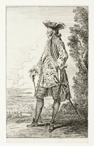 Stojący mężczyzna w kapeluszu, zwrócony w lewo, z Figures de Modes autorstwa Jean Antoine Watteau