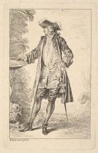 Stojący mężczyzna z prawą ręką wspartą o miskę, ukazany w trzech czwartych z..., ca. 1710. autorstwa Jean Antoine Watteau