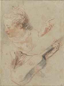 Arkusz do nauki ze spuszczoną głową dziewczyny, gitarą i rękami, które na nich grają autorstwa Jean Antoine Watteau