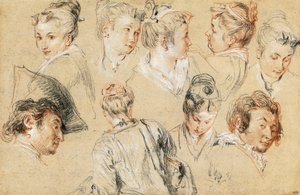 Studium głów, Jean-Antoine Watteau (1684-1721), rysunek autorstwa Jean Antoine Watteau