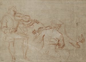 Studium dwóch skrzypków i pary rąk, trzymających rękę (czerwone i białe kredy na papierze) autorstwa Jean Antoine Watteau
