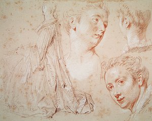 Trzy głowy i siedząca kobieta, ok. 1716 (kredka z czarno-czerwoną kredą na papierze) autorstwa Jean Antoine Watteau