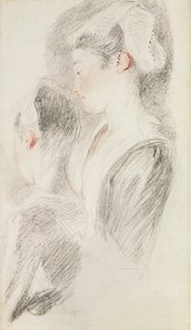 Dwa studia kobiety, w trzech czwartych od tyłu, jedno z profilu (sangwina i czarna kreda na papierze) autorstwa Jean Antoine Watteau