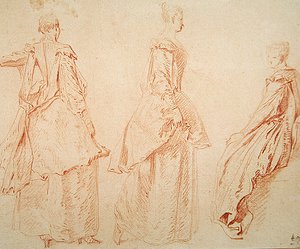 Trzy kobiety, jedna siedząca po prawej stronie (czerwona kreda na papierze) autorstwa Jean Antoine Watteau