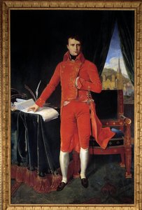 Pełnometrażowy portret Napoleona Bonaparte (1769-1821) jako pierwszego konsula Obraz Josepha Pela według Jean-Auguste-Dominique Ingres (Jean Auguste Dominique) (1780-1867) 1929 niedz. 1,2x2,2m. Malmaison, Muzeum Zamkowe Uwaga! Korzystanie z tej pracy może 