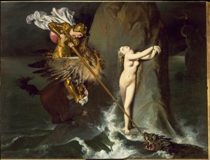 Angelica zostaje wyzwolona przez Rogera (Ruggero, Ruggiero) Jazda na hipopazuru (z Furious Orlando autorstwa Ludovico Ariosto) - olej na płótnie autorstwa Jean Auguste Dominique Ingres