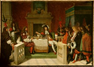 Ludwik XIV i Moliere: Król Ludwik XIV (1638-1715) i Jean Baptiste Poquelin dit Moliere (1622-1673) przy stole przed dworzanami. Obraz Jeana Auguste Dominique Ingres (1780-1867) autorstwa Jean Auguste Dominique Ingres