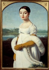 Portret panny Caroline Riviere, młodej kobiety, ubranej na modłę Pierwszego Cesarstwa. Obraz Jeana Auguste Dominique Ingres (1780-1867) 1805 nd. 1x0,7 m - Portret Mademoiselle Caroline Riviere: Młoda kobieta ubrana modnie autorstwa Jean Auguste Dominique Ingres