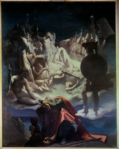 Sen Osjana Ilustracja do opery „Ossian or the Bards” Jeana Francois (Jean-Francois) Le Sueur (Lesueur) (1760-1837), bard Ossian był szkockim poetą III wieku czytanym przez Napoleona, jest reprezentantem śpiącym na lirze, w końcu autorstwa Jean Auguste Dominique Ingres