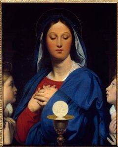 Dziewica ma gospodarza. Symbole komunii: Przedmiot Eucharystii (hostia jako ciało Chrystusa i wino z kielicha jako Jego krew). Obraz Jeana Auguste Dominique Ingres (1780-1867) autorstwa Jean Auguste Dominique Ingres