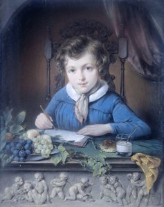 Portret chłopca siedzącego w niszy okiennej i noszącego niebieską kurtkę autorstwa Jean Augustin Daiwaille (attributed to)