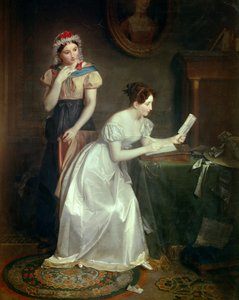 Odpowiedź na list Młoda kobieta spieszy, by odpowiedzieć na list swojego kochanka - Obraz Jean Augustin (Jean-Augustin) Franquelin (1798-1839) XIX w. Słońce 0,46x0,38 m autorstwa Jean Augustin Franquelin
