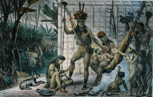 Rodzina wodza Indian Camacan przygotowujących się do festiwalu, ilustracja z „Voyage Pittoresque et Historique au Bresil”, Jean-Baptise Debret (1768-1848), wydanej w Paryżu