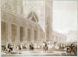 Przybycie powozem cesarza Napoleona I (1769-1821) i Impress Josephine de Beauharnais (1763-1814) do katedry Notre Dame de Paris w dniu Świętej Druki według „Księgi Najświętszego” Jeana Baptiste Isabeya ( 1767-1855) XIX wiek