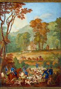 Tablica przedstawiająca polowania Ludwika XVI (1754-1793): „Wataha pospolitych psów idąca na spotkanie w lesie Compiegne” Porcelanowy obraz Philippe Castel (ok. 1746-1797) Jean Baptiste Oudry (1686-1755 ) 1778-1781 wym. 0,39x0,49 m²