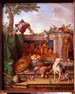 Tablica przedstawiająca polowania Ludwika XVI (1754-1793): detal przedstawiający zwierzynę łowną. Obraz na porcelanie Philippe Castel (ok. 1746-1797) Jean Baptiste Oudry (1686-1755) 1778-1781 Nd. 0,39x0,49 m Wersal, muzeum pałacu.