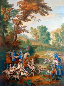 Tablica przedstawiająca polowania Ludwika XVI (1754-1793): „”mała kura młodych psów lub forum na zakończenie kuracji”” Obraz na porcelanie Philippe Castel (ok. 1746-1797) Jean Baptiste Oudry ( 1686-1755) 1778-1781 niedz. 0,39x0,49m