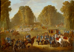Tablica przedstawiająca polowania Ludwika XVI: spotkanie na skrzyżowaniu studni du Roi w lesie Compiegne. Obraz na miękkiej porcelanie autorstwa Nicolasa Pierre