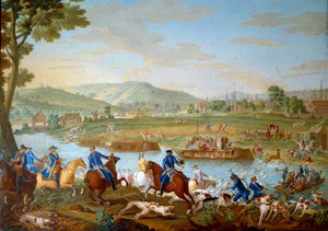 Tablica przedstawiająca polowania Ludwika XVI: jeleń mija Oise od wybrzeża Royallieu w zasięgu wzroku miasta Compiegne. Obraz na miękkiej porcelanie autorstwa Nicolasa Pierre Pithou l
