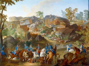 Tablica przedstawiająca polowania Ludwika XVI: jelenia trzymającego psy na skałach Frauchard w lesie Compiegne. Obraz na miękkiej porcelanie autorstwa Nicolasa Pierre