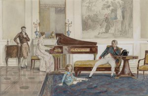 Prawykonanie „Wyjazd do Syrii” przed Napoleonem, jego synem i hrabią de Laborde (grafit, akwarela i kolor nadwozia podkreślone bielą na papierze) autorstwa Jean Baptiste (attr. to) Isabey