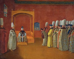 Sułtan Ahmed III (Ahmet III) (1673-1736) Przyjęcie Europejskiej Delegacji Ambasadorów w Pałacu Topkapi par Vanmour (Van Mour), Jean-Baptiste autorstwa Jean Baptiste (circle of) Vanmour