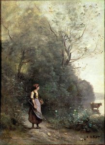 Chłopka pasąca krowę na skraju lasu, ok. 1865-70 autorstwa Jean Baptiste Camille Corot
