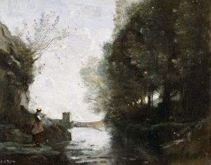 Rzeka z kwadratową wieżą i rolnikiem na pierwszym planie, ok. 1865-70 autorstwa Jean Baptiste Camille Corot