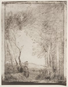 Młoda matka przy wejściu do lasu, oryginalny odcisk 1856, wydrukowany w 1921 r. autorstwa Jean Baptiste Camille Corot