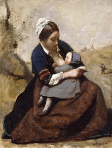 Breton karmiący swoje dziecko piersią; Breton karmiący piersią swoje dziecko, 1855-1860 autorstwa Jean Baptiste Camille Corot