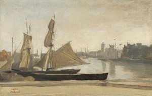 Dunkierka, Łodzie rybackie przywiązane do nabrzeża, ok. 1830 r. autorstwa Jean Baptiste Camille Corot