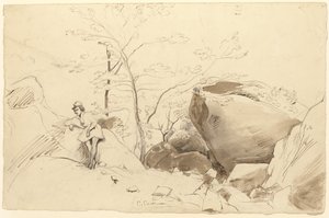 Fontainebleau, postać opierająca się o skałę autorstwa Jean Baptiste Camille Corot
