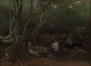 Lormes: Koza-dziewczyna siedząca nad strumieniem w lesie autorstwa Jean Baptiste Camille Corot