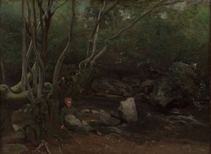 Lormes: Koza-dziewczynka siedząca obok strumienia w lesie autorstwa Jean Baptiste Camille Corot