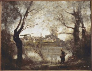 Mantes, katedra i miasto widziane przez drzewa, wieczór (olej na płótnie) autorstwa Jean Baptiste Camille Corot