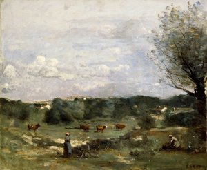 Łąka z Krowami, po prawej Wierzba i Odległa Wioska, autorstwa Jean Baptiste Camille Corot