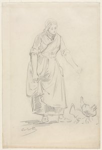 Wieśniaczka karmiąca kurczaki, XIX wiek. autorstwa Jean Baptiste Camille Corot