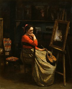 Warsztat Corota, młoda kobieta w czerwonej bluzce, 1865-1870. autorstwa Jean Baptiste Camille Corot