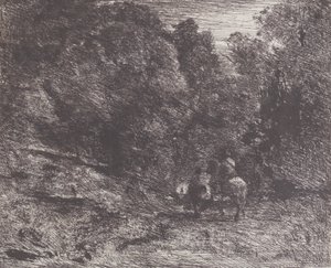 Dwóch podróżników w lesie Jeździec w lesie i pieszy, 1854. autorstwa Jean Baptiste Camille Corot