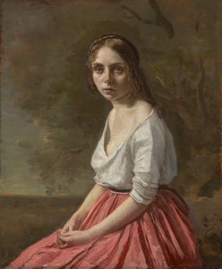 Młoda kobieta w różowej spódnicy, ok.1845-50 autorstwa Jean Baptiste Camille Corot