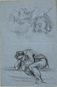Siedząca postać z głową w dłoniach i dwie karykatury (recto); cztery postacie w lunecie (verso) autorstwa Jean Baptiste Carpeaux