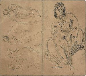 Szkice: Cztery postacie i siedząca matka z dzieckiem (recto); siedząca matka z dzieckiem (verso) autorstwa Jean Baptiste Carpeaux