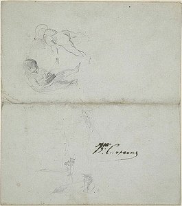 Szkice dwojga dzieci, łodzie na morzu (recto); szkice kroczącej postaci męskiej trzymającej laskę i scena przybrzeżna (verso) autorstwa Jean Baptiste Carpeaux