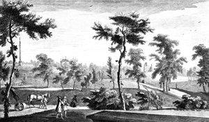 Widok z greckiej świątyni na filar Lorda Cobhama, Stowe House Gardens, grawerowany przez George