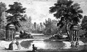 Widok na Grotę i dwie świątynie z muszlami, Stowe House Gardens, wyryty przez George