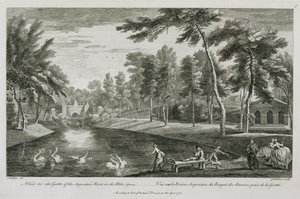 Widok na grotę rzeki Serpentine w olchowym gaju w Stowe, 1753, grawerowany przez George