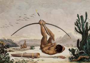Miejscowi łucznicy, ilustracja z podróży po wewnętrznej Brazylii, 1834 autorstwa Jean Baptiste Debret