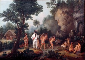 Niewolnictwo; „”Polowanie na niewolników””” Rodziny indyjskie (z Brazylii?) są zabierane przez handlarzy niewolników. Obraz Jeana Baptiste Debreta (1768-1848). Olej na płótnie. Muzeum Sao Paulo, Brazylia.