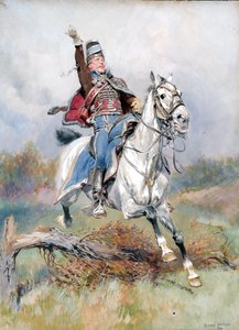 Francuski kawalerzysta na koniu, 1900 (toaleta i gwasz na papierze) autorstwa Jean-Baptiste Edouard Detaille