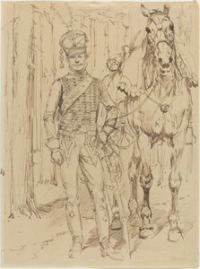 Francuski huzar prowadzący konia autorstwa Jean Baptiste Edouard Detaille